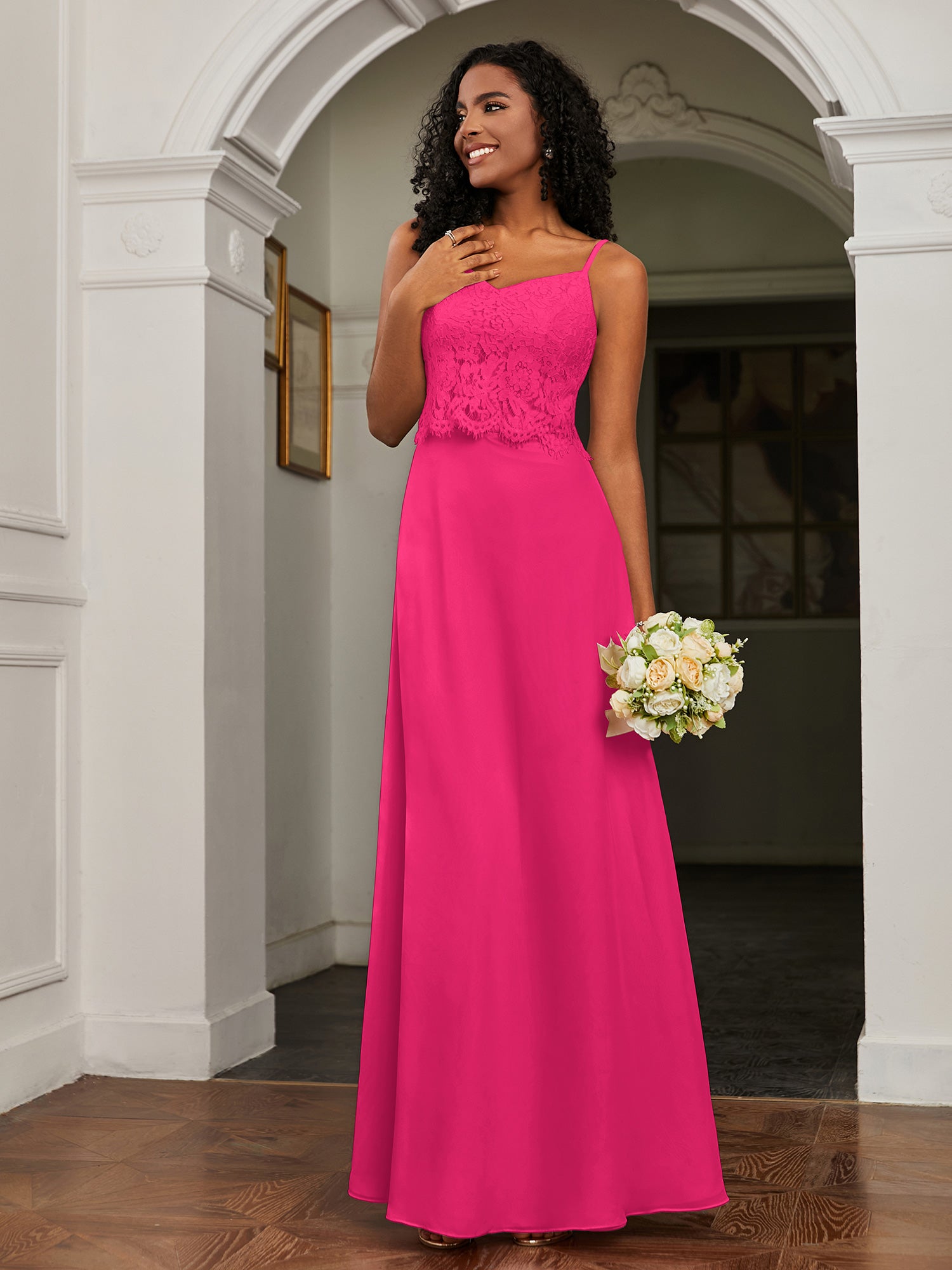 Sweetheart Spaghetti Straps Chiffon A-Line Dress Fuchsia